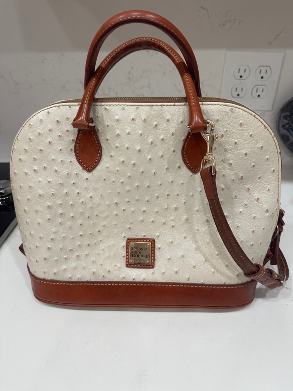 Dooney & Bourke Ostrich Inspired Cream and Brown Leather Satchel Purse Handbag